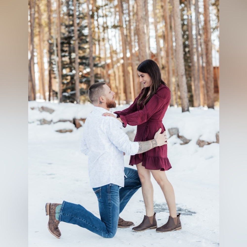 Red dress word for engagement photos
